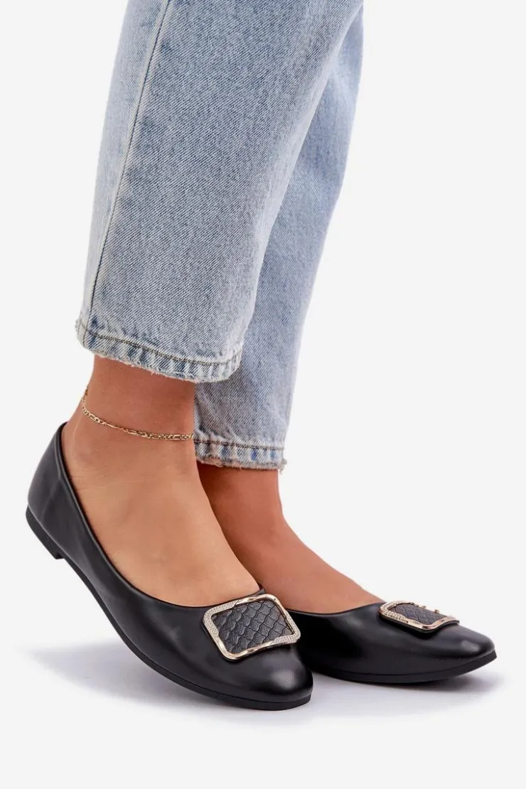 Damskie Boto Eko Skórzane Baleriny Z Ozdobą Czarne Tulnelia