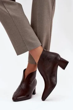 Outlet Boto Eko Skórzane Botki Damskie Na Obcasie Czekoladowe Rylina