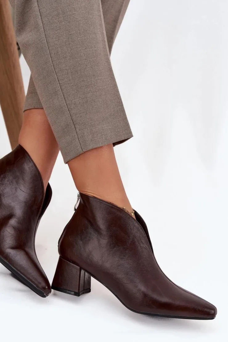 Outlet Boto Eko Skórzane Botki Damskie Na Obcasie Czekoladowe Rylina