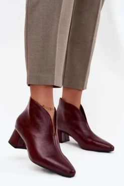 Damskie Boto Eko Skórzane Botki Damskie Na Obcasie Bordowe Rylina