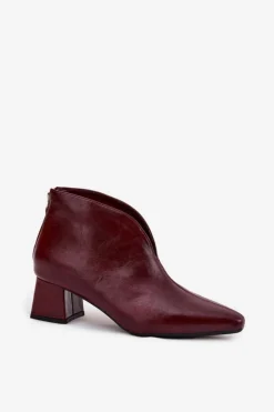Damskie Boto Eko Skórzane Botki Damskie Na Obcasie Bordowe Rylina