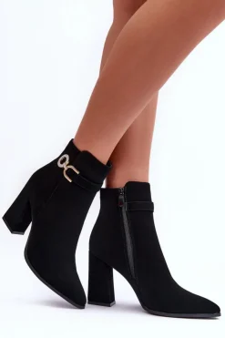 Boto Eko Skórzane Botki Na Słupku Z Ozdobą Czarne Lymall Czarny