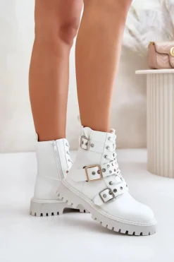 Damskie Boto Eko Skórzane Botki Workery Z Klamrami Białe Serizia