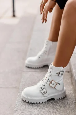 Damskie Boto Eko Skórzane Botki Workery Z Klamrami Białe Serizia