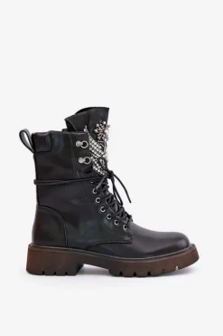 Damskie buty S.Barski Eko Skórzane Botki Workery Ze Zdobieniem Ocieplane D&A MR880-080 Czarne