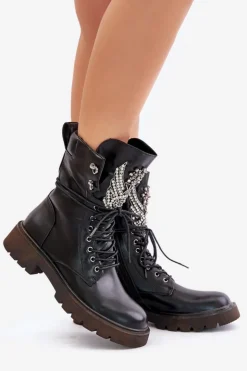 Damskie buty S.Barski Eko Skórzane Botki Workery Ze Zdobieniem Ocieplane D&A MR880-080 Czarne