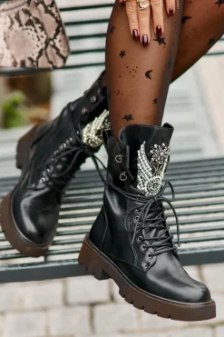 Damskie buty S.Barski Eko Skórzane Botki Workery Ze Zdobieniem Ocieplane D&A MR880-080 Czarne