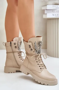 Damskie buty S.Barski Botki Ocieplane|Damskie Trapery*Eko Skórzane Botki Workery Ze Zdobieniem Ocieplane D&A MR880-080 Beżowe Beżowy