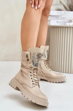 Damskie buty S.Barski Botki Ocieplane|Damskie Trapery*Eko Skórzane Botki Workery Ze Zdobieniem Ocieplane D&A MR880-080 Beżowe Beżowy