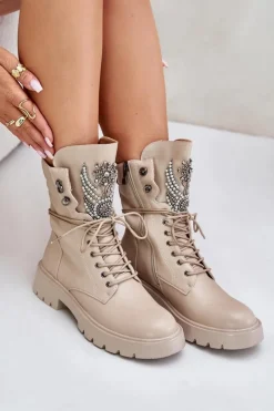 Damskie buty S.Barski Botki Ocieplane|Damskie Trapery*Eko Skórzane Botki Workery Ze Zdobieniem Ocieplane D&A MR880-080 Beżowe Beżowy