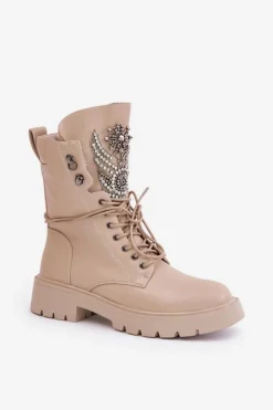 Damskie buty S.Barski Botki Ocieplane|Damskie Trapery*Eko Skórzane Botki Workery Ze Zdobieniem Ocieplane D&A MR880-080 Beżowe Beżowy