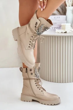 Damskie buty S.Barski Botki Ocieplane|Damskie Trapery*Eko Skórzane Botki Workery Ze Zdobieniem Ocieplane D&A MR880-080 Beżowe Beżowy
