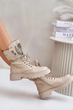 Damskie buty S.Barski Botki Ocieplane|Damskie Trapery*Eko Skórzane Botki Workery Ze Zdobieniem Ocieplane D&A MR880-080 Beżowe Beżowy