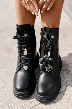 Boto Botki Sznurowane|Czarne Botki*Eko Skórzane Botki Workery Damskie Z Przypinkami Czarne Rianael