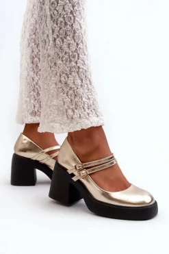 Damskie Boto Eko Skórzane Czółenka Na Masywnym Obcasie Złote Halmina