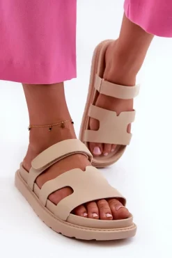 Damskie Boto Eko Skórzane Klapki Damskie Na Rzep Jasnobeżowe Silaka