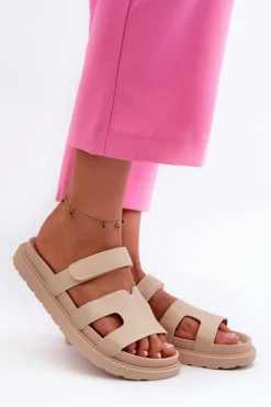 Damskie Boto Eko Skórzane Klapki Damskie Na Rzep Jasnobeżowe Silaka