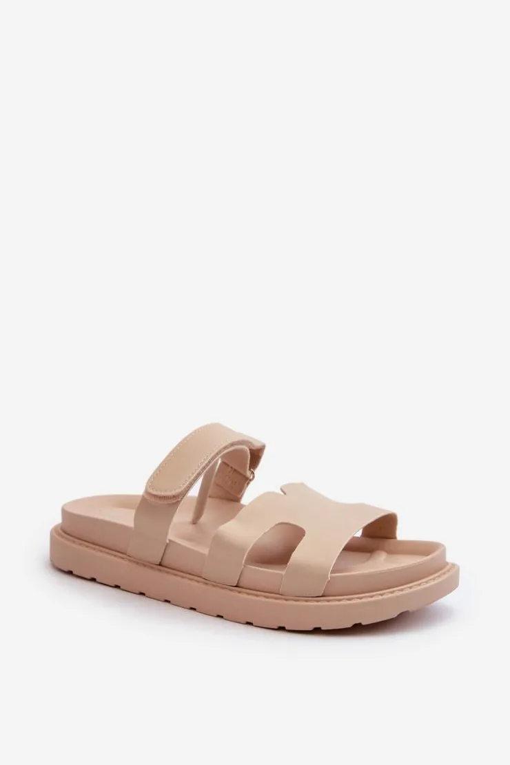 Damskie Boto Eko Skórzane Klapki Damskie Na Rzep Jasnobeżowe Silaka