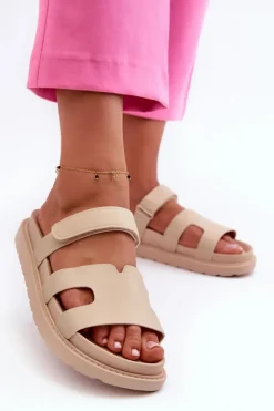 Damskie Boto Eko Skórzane Klapki Damskie Na Rzep Jasnobeżowe Silaka