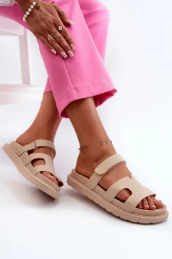 Damskie Boto Eko Skórzane Klapki Damskie Na Rzep Jasnobeżowe Silaka