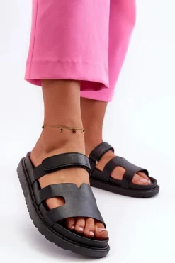 Boto Eko Skórzane Klapki Damskie Na Rzep Czarne Silaka