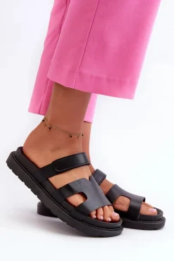 Boto Eko Skórzane Klapki Damskie Na Rzep Czarne Silaka