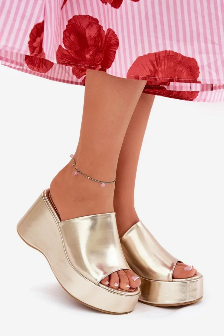 Damskie Boto Eko Skórzane Klapki Damskie Na Platformie I Koturnie Złote Kisoffi