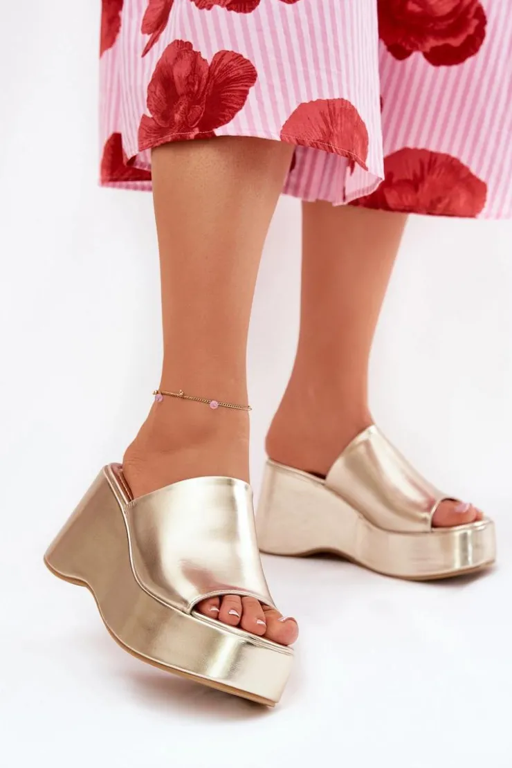 Damskie Boto Eko Skórzane Klapki Damskie Na Platformie I Koturnie Złote Kisoffi