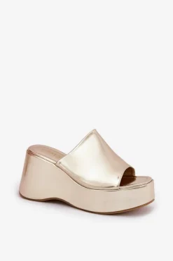 Damskie Boto Eko Skórzane Klapki Damskie Na Platformie I Koturnie Złote Kisoffi