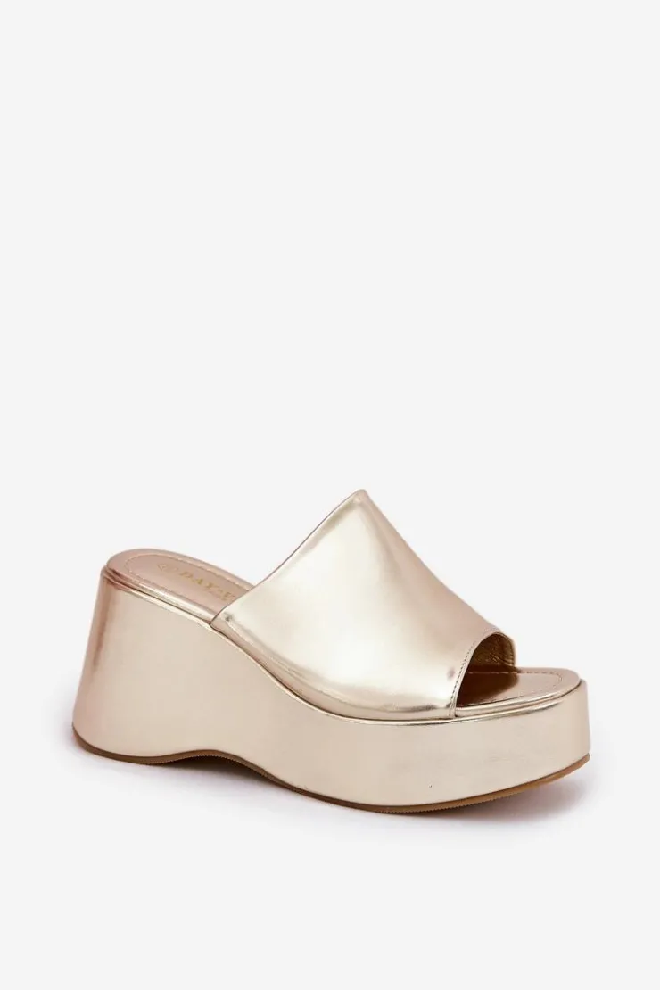 Damskie Boto Eko Skórzane Klapki Damskie Na Platformie I Koturnie Złote Kisoffi