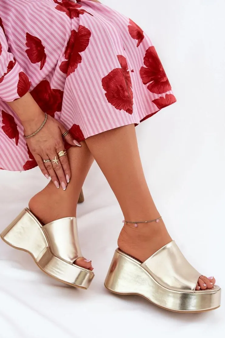 Damskie Boto Eko Skórzane Klapki Damskie Na Platformie I Koturnie Złote Kisoffi