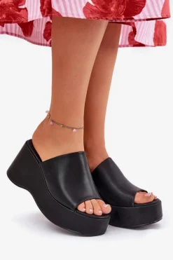 Outlet Boto Eko Skórzane Klapki Damskie Na Platformie I Koturnie Czarne Kisoffi