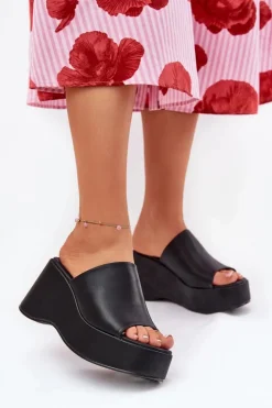 Outlet Boto Eko Skórzane Klapki Damskie Na Platformie I Koturnie Czarne Kisoffi