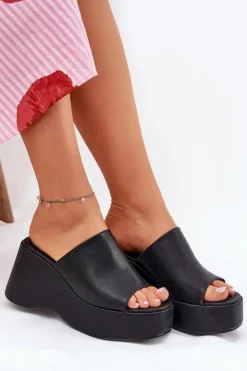 Outlet Boto Eko Skórzane Klapki Damskie Na Platformie I Koturnie Czarne Kisoffi
