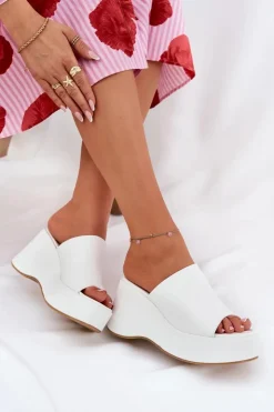 Boto Klapki Na Koturnie|Klapki Na Platformie*Eko Skórzane Klapki Damskie Na Platformie I Koturnie Białe Kisoffi Biały