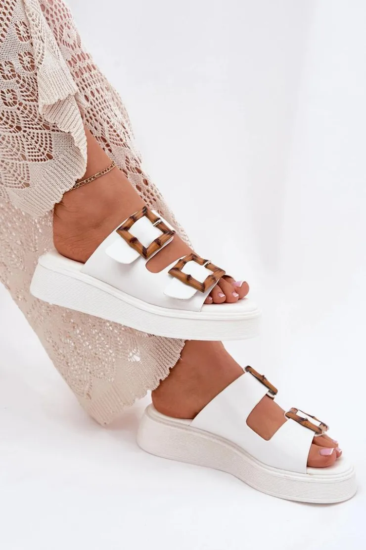 Boto Klapki Na Platformie|Klapki Damskie Klasyczne*Eko Skórzane Klapki Damskie Na Platformie Z Klamrami Białe Xanivia