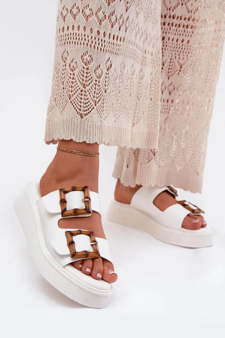 Boto Klapki Na Platformie|Klapki Damskie Klasyczne*Eko Skórzane Klapki Damskie Na Platformie Z Klamrami Białe Xanivia