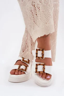 Boto Klapki Na Platformie|Klapki Damskie Klasyczne*Eko Skórzane Klapki Damskie Na Platformie Z Klamrami Białe Xanivia