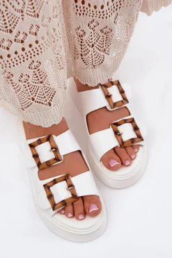 Boto Klapki Na Platformie|Klapki Damskie Klasyczne*Eko Skórzane Klapki Damskie Na Platformie Z Klamrami Białe Xanivia