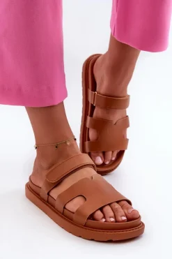 Boto Klapki Na Platformie|Klapki Damskie Klasyczne*Eko Skórzane Klapki Damskie Na Rzep Camel Silaka