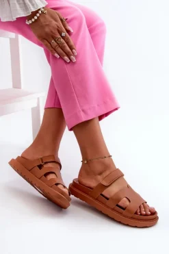 Boto Klapki Na Platformie|Klapki Damskie Klasyczne*Eko Skórzane Klapki Damskie Na Rzep Camel Silaka