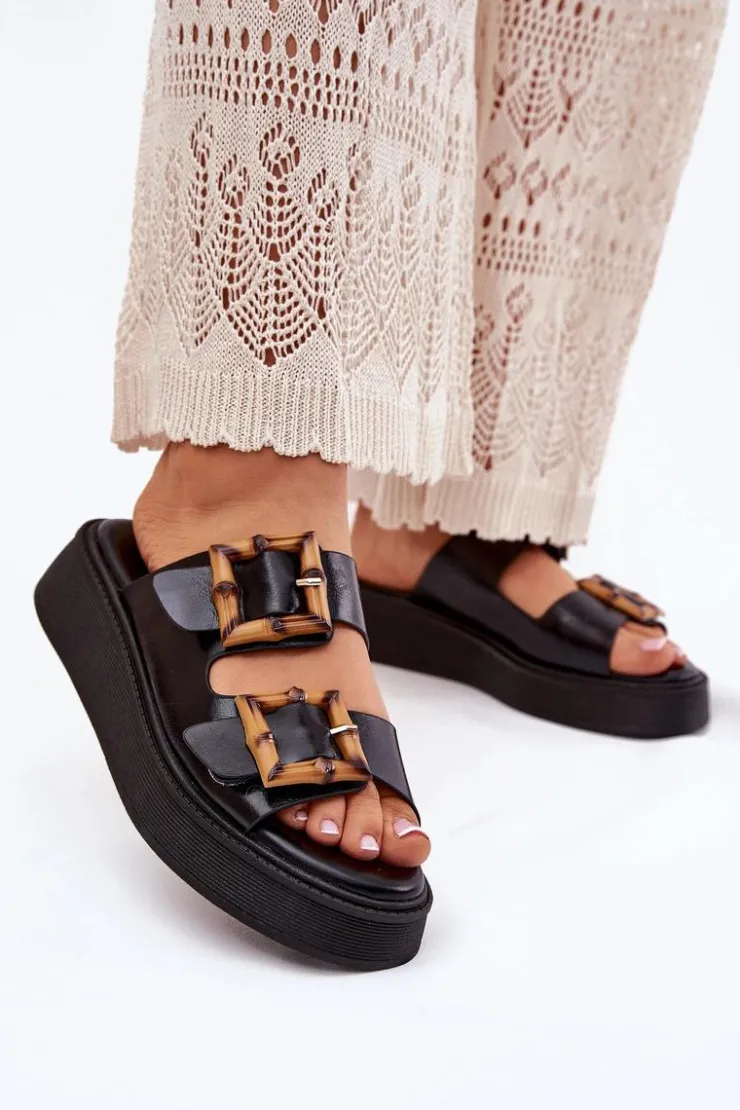 Boto Klapki Na Platformie|Klapki Damskie Klasyczne*Eko Skórzane Klapki Damskie Na Platformie Z Klamrami Czarne Xanivia