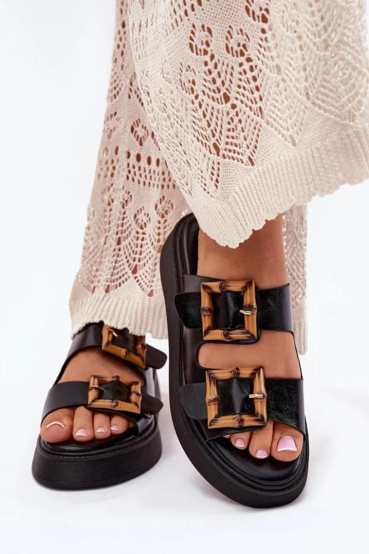 Boto Klapki Na Platformie|Klapki Damskie Klasyczne*Eko Skórzane Klapki Damskie Na Platformie Z Klamrami Czarne Xanivia