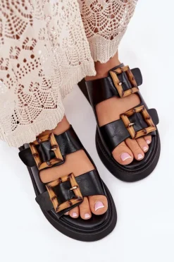 Boto Klapki Na Platformie|Klapki Damskie Klasyczne*Eko Skórzane Klapki Damskie Na Platformie Z Klamrami Czarne Xanivia