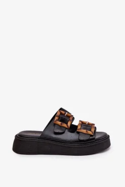 Boto Klapki Na Platformie|Klapki Damskie Klasyczne*Eko Skórzane Klapki Damskie Na Platformie Z Klamrami Czarne Xanivia