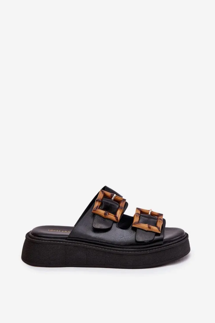 Boto Klapki Na Platformie|Klapki Damskie Klasyczne*Eko Skórzane Klapki Damskie Na Platformie Z Klamrami Czarne Xanivia