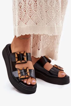 Boto Klapki Na Platformie|Klapki Damskie Klasyczne*Eko Skórzane Klapki Damskie Na Platformie Z Klamrami Czarne Xanivia