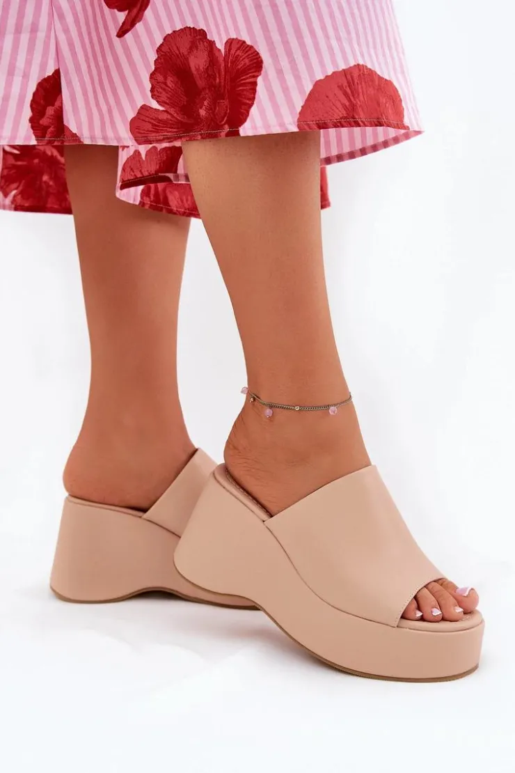 Online Boto Eko Skórzane Klapki Damskie Na Platformie I Koturnie Beżowe Kisoffi Beżowy