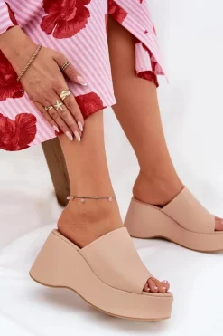 Online Boto Eko Skórzane Klapki Damskie Na Platformie I Koturnie Beżowe Kisoffi Beżowy