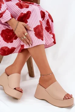 Online Boto Eko Skórzane Klapki Damskie Na Platformie I Koturnie Beżowe Kisoffi Beżowy